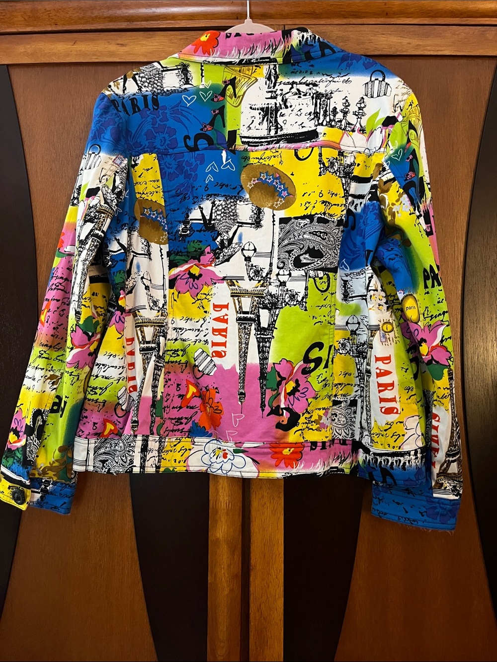 #20 - Colorblock Paris Print Button-Up Jacket w/Button & Flap Chest Pockets - Picture 9 of 12